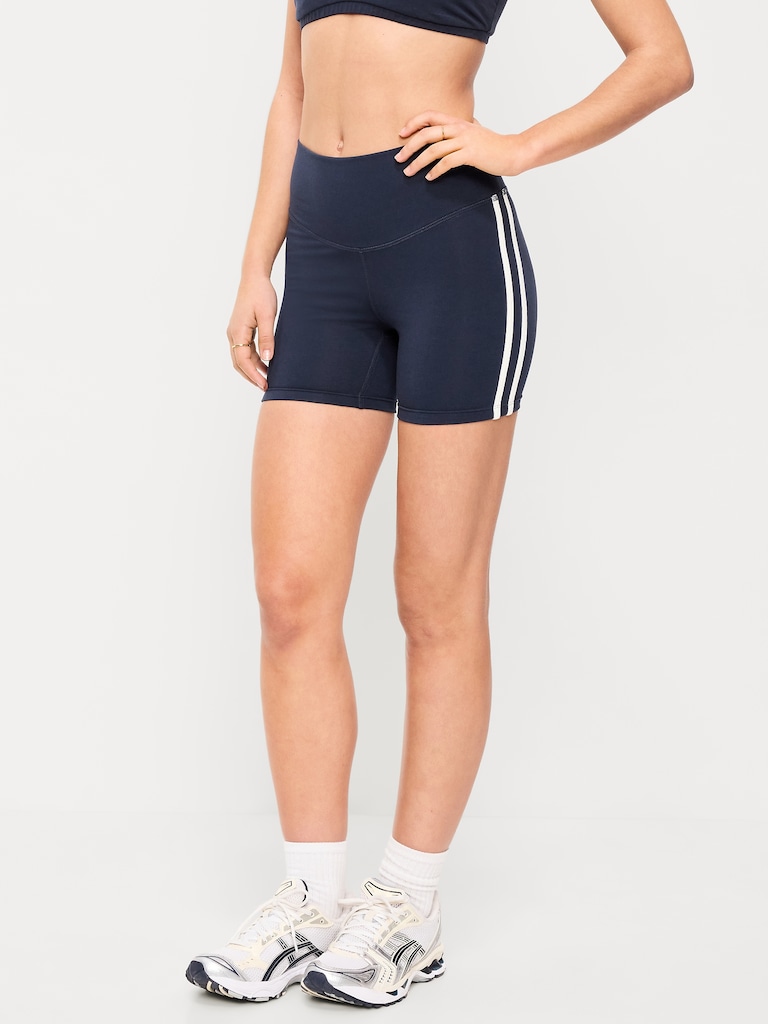 High-Waisted PowerChill Side-Stripe Biker Shorts -- 5-inch inseam