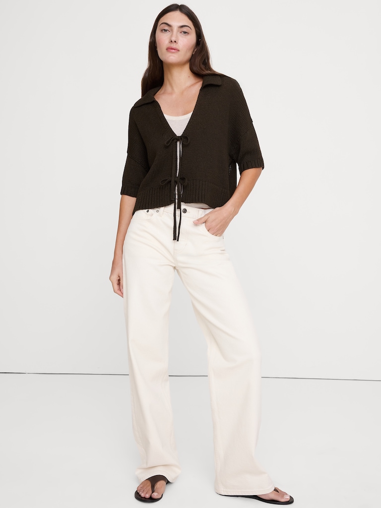 Cotton Tie-Front Polo Cardigan