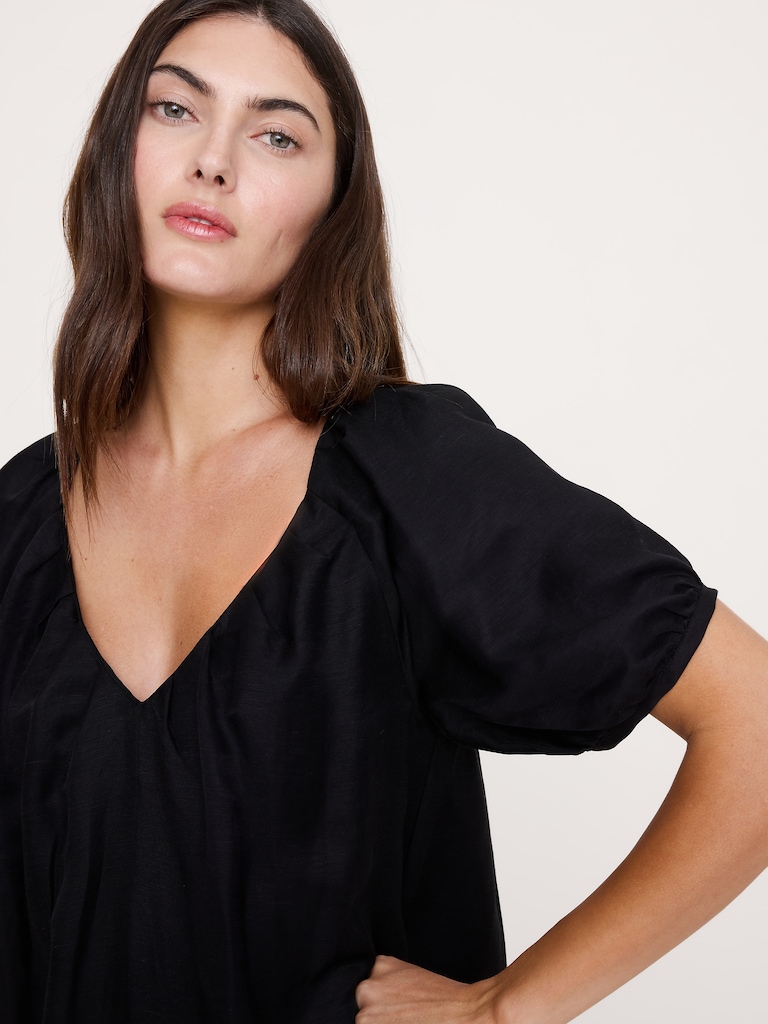 Viscose-Linen Puff-Sleeve Mini Dress