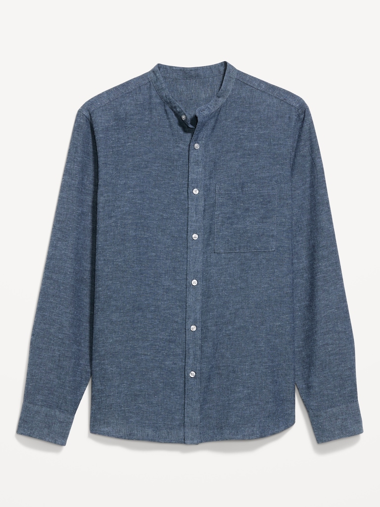 Classic Fit Banded Collar Linen-Blend Shirt