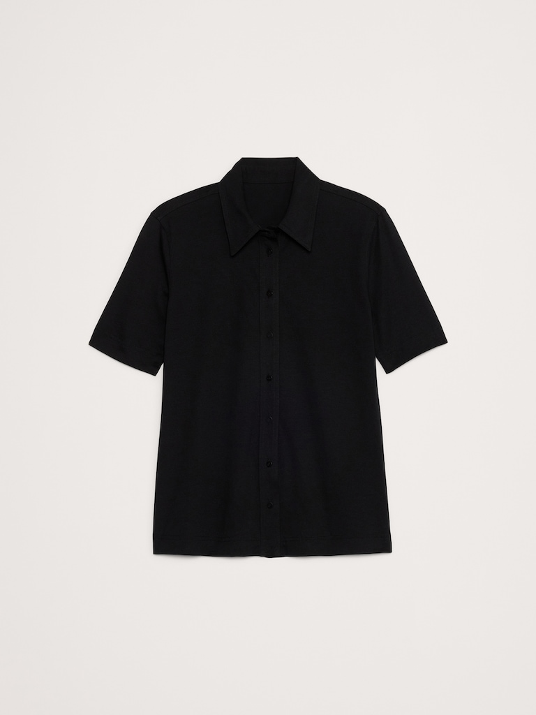 Silky Cotton Short-Sleeve Button-Down Top