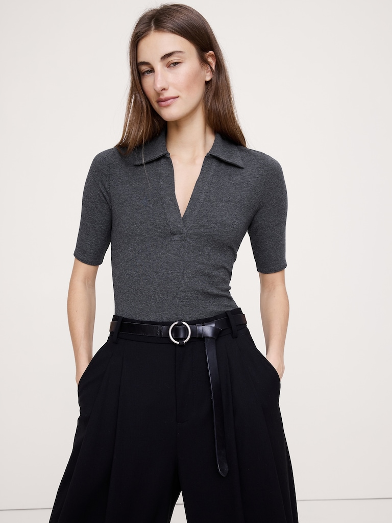 Ribbed Elbow-Sleeve Polo