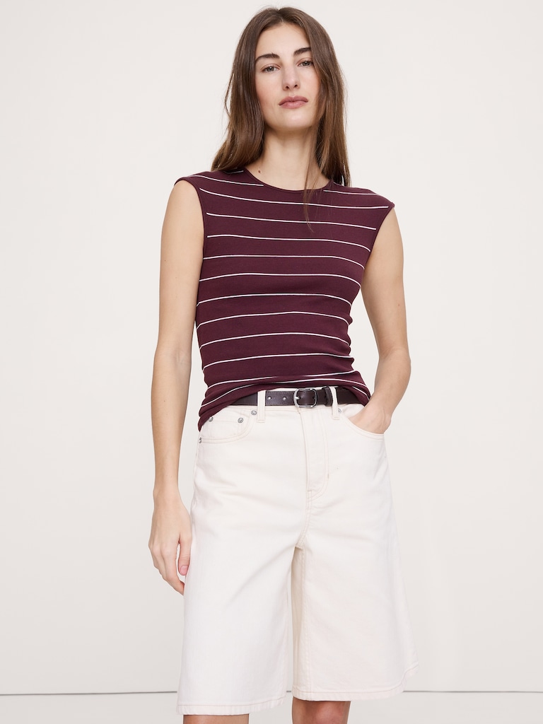 Ribbed Cap-Sleeve T-Shirt