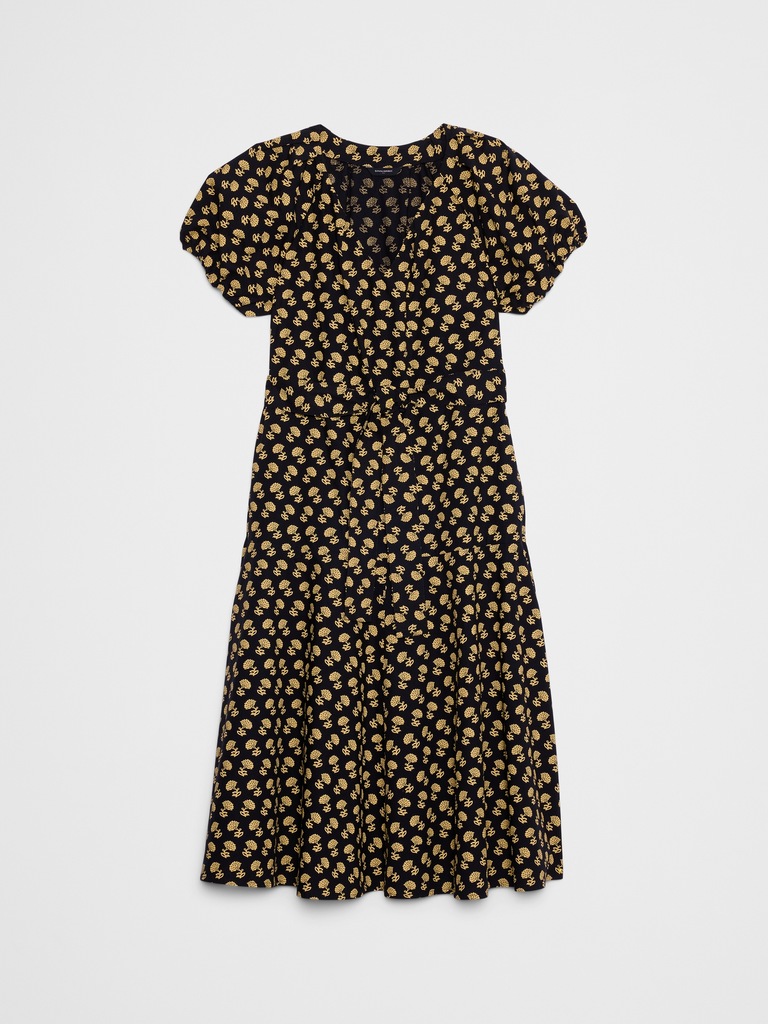 Poplin Gathered-Shoulder Midi Dress