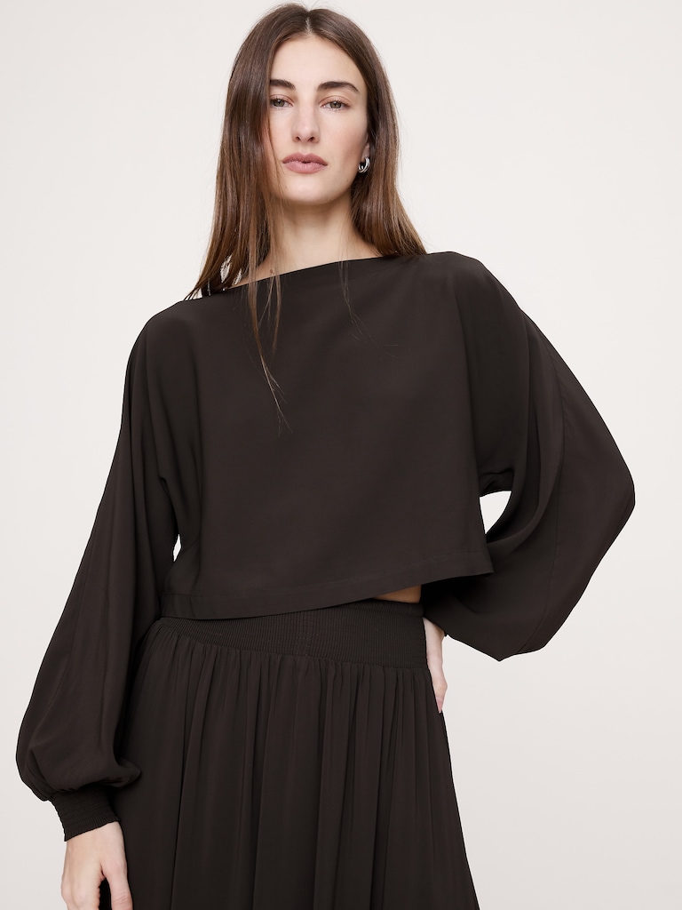 Smocked Georgette Boatneck Top