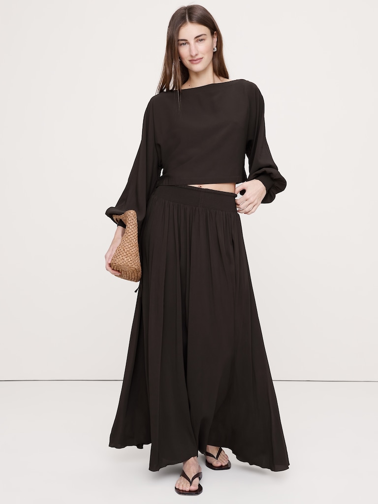 Smocked Georgette Boatneck Top