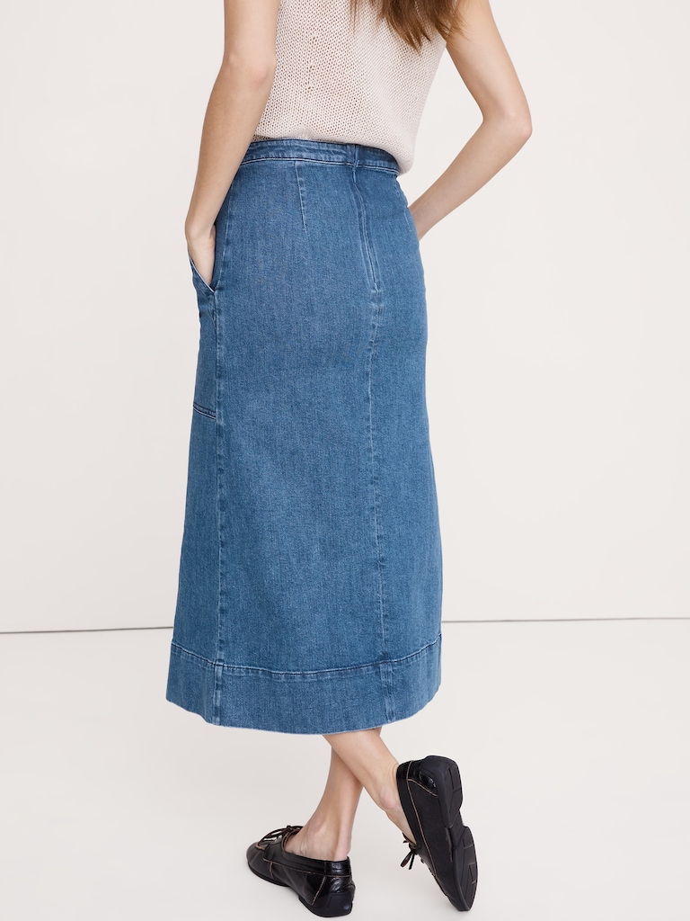 Denim Front-Slit Midi Skirt