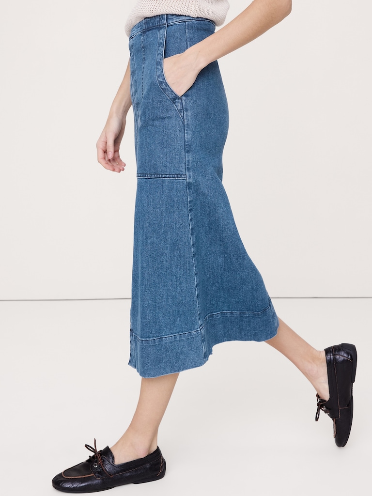 Denim Front-Slit Midi Skirt