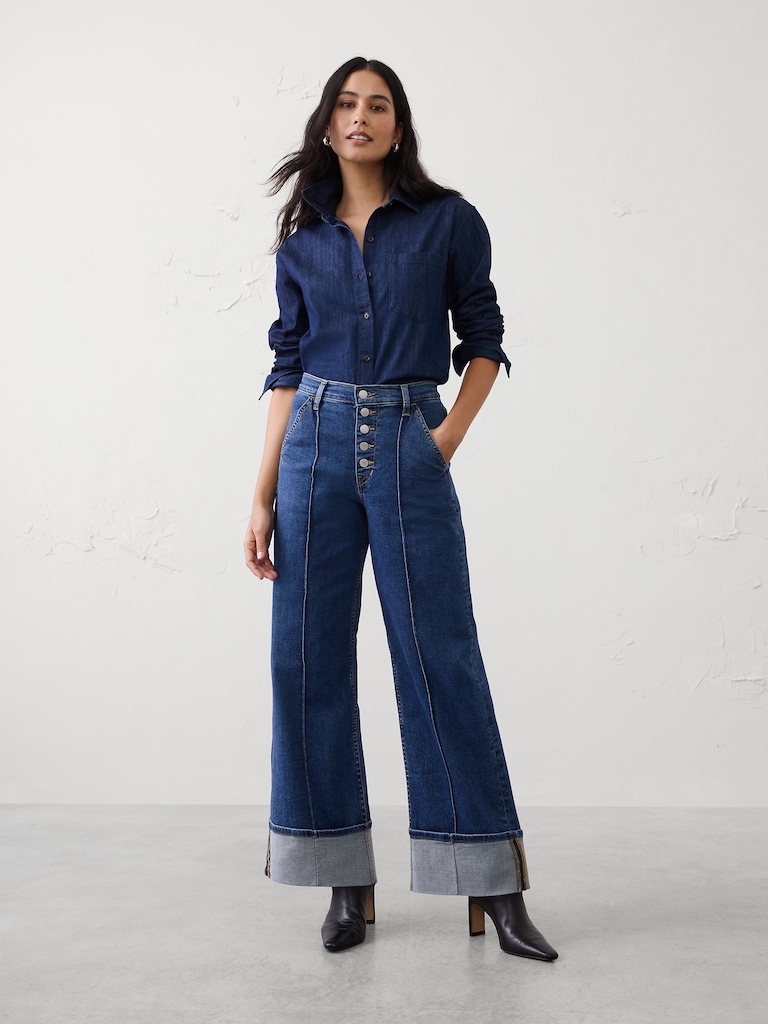 High-Rise Wide-Leg Pintuck Cuffed Jean
