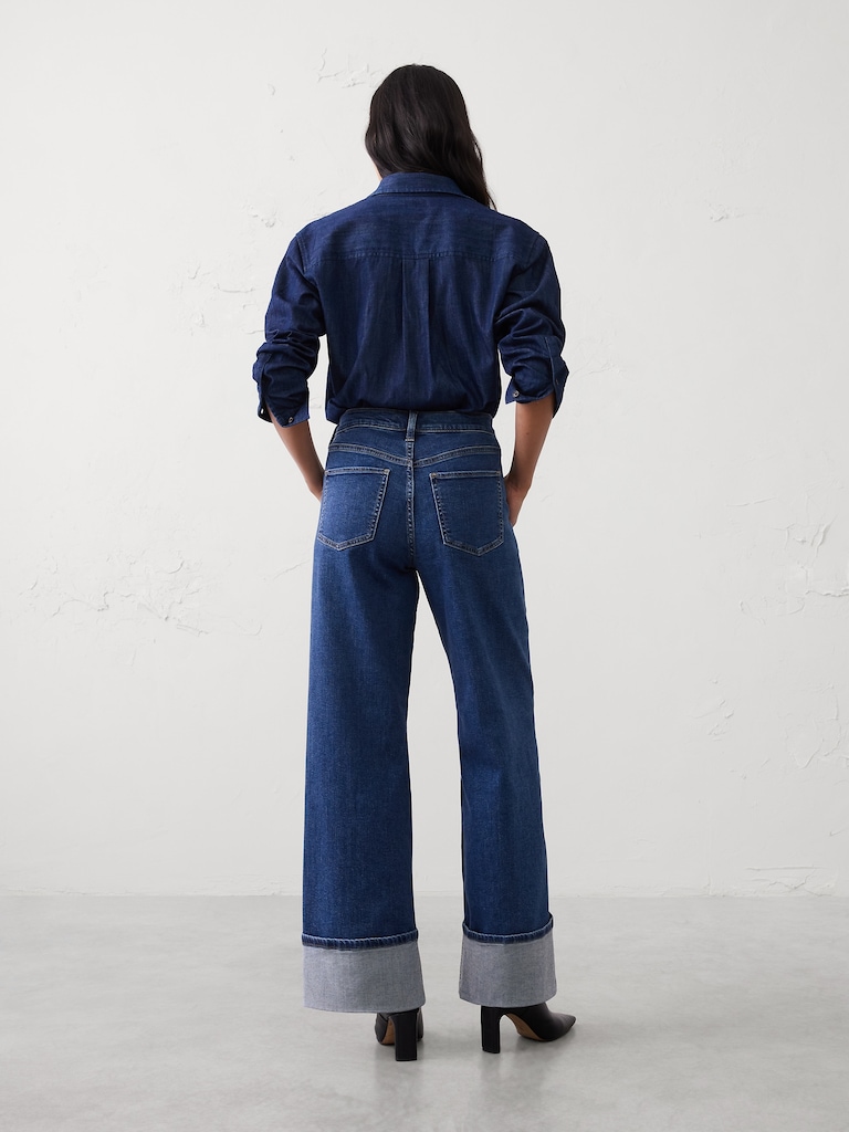 High-Rise Wide-Leg Pintuck Cuffed Jean