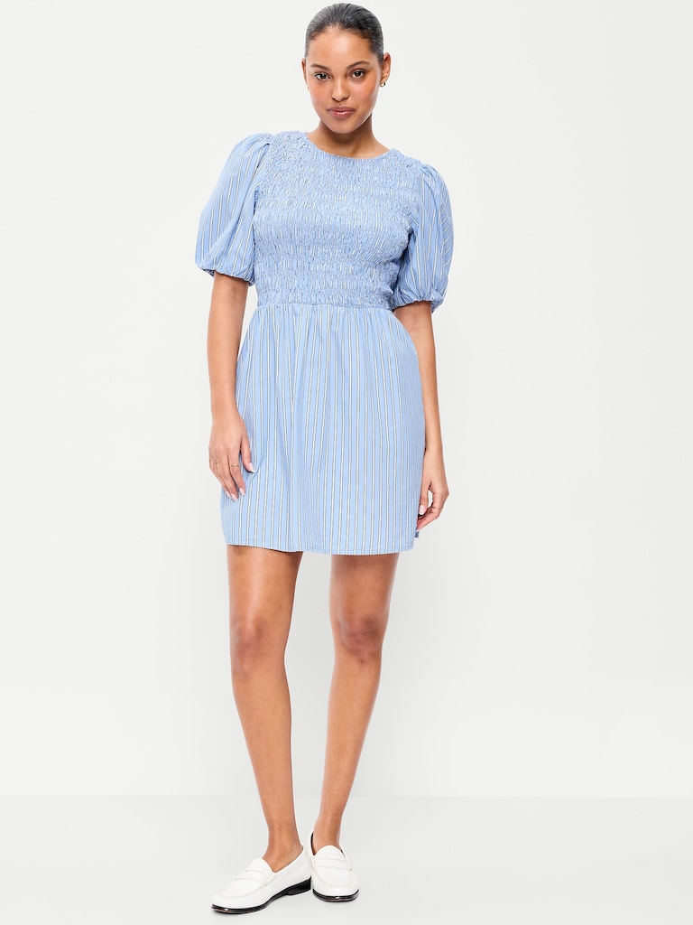 Smocked Puff-Sleeve Flare Mini Dress