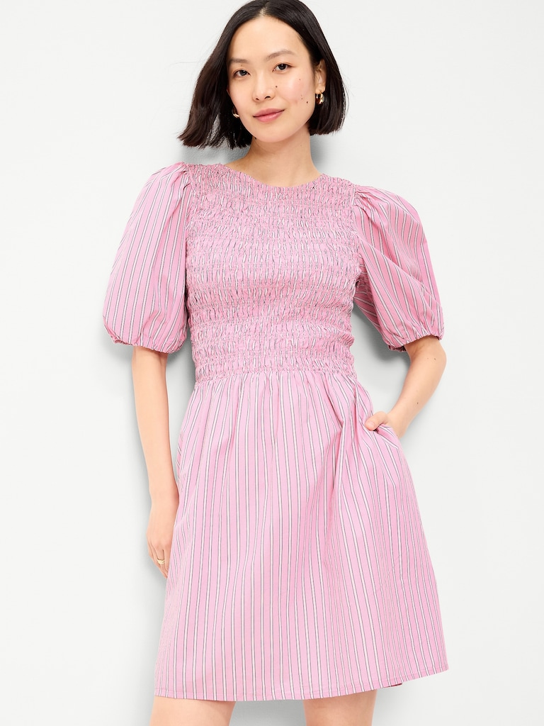 Smocked Puff-Sleeve Flare Mini Dress
