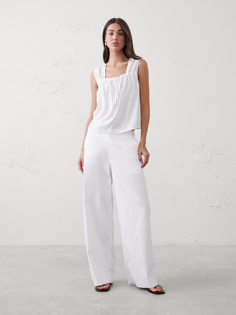 Linen-Blend Tied Popover Top