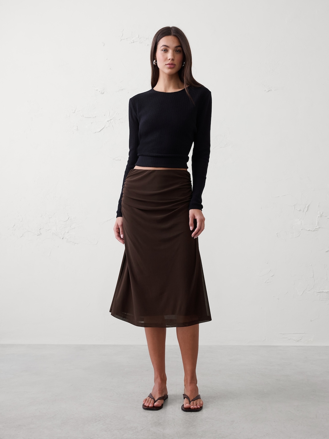 Mesh Shirred-Waist Midi Skirt
