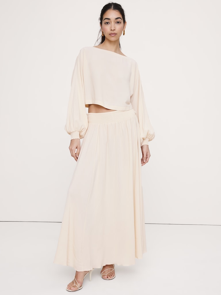 Smocked Georgette Boatneck Top