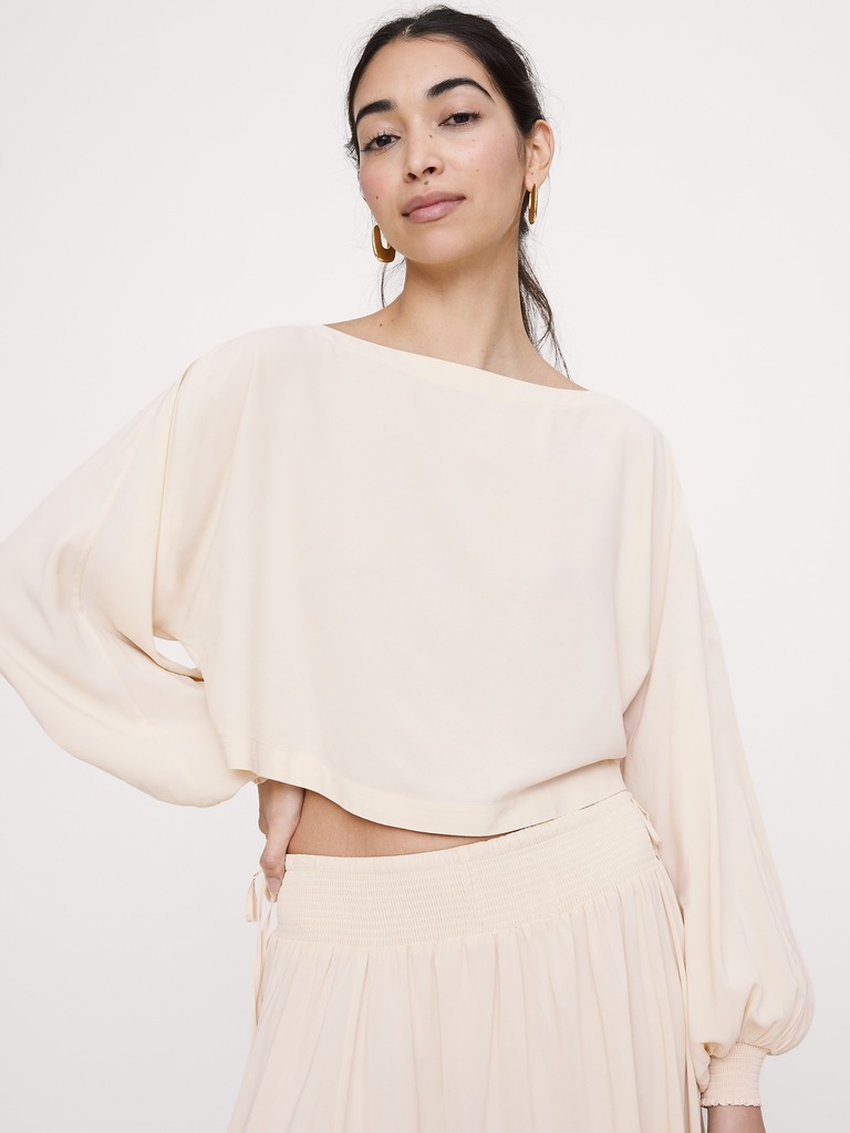 Smocked Georgette Boatneck Top