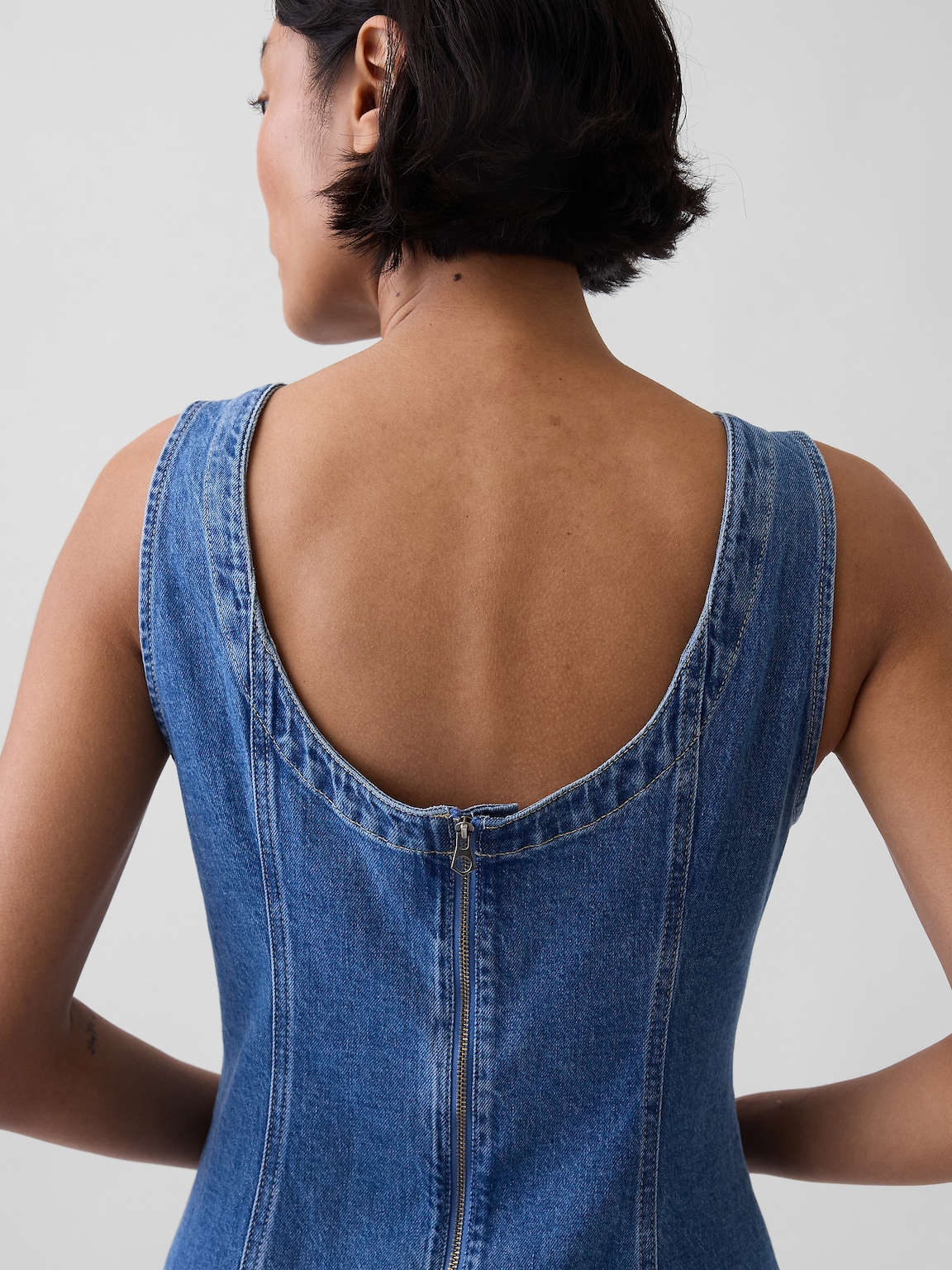Denim Boatneck Open-Back Mini Dress