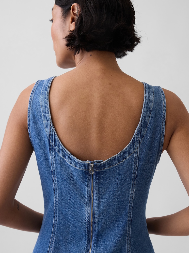 Denim Boatneck Open-Back Mini Dress