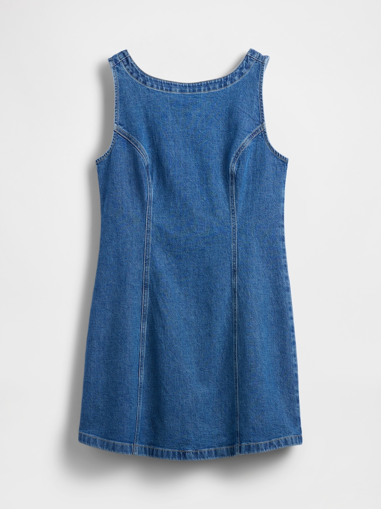 Denim Boatneck Open-Back Mini Dress
