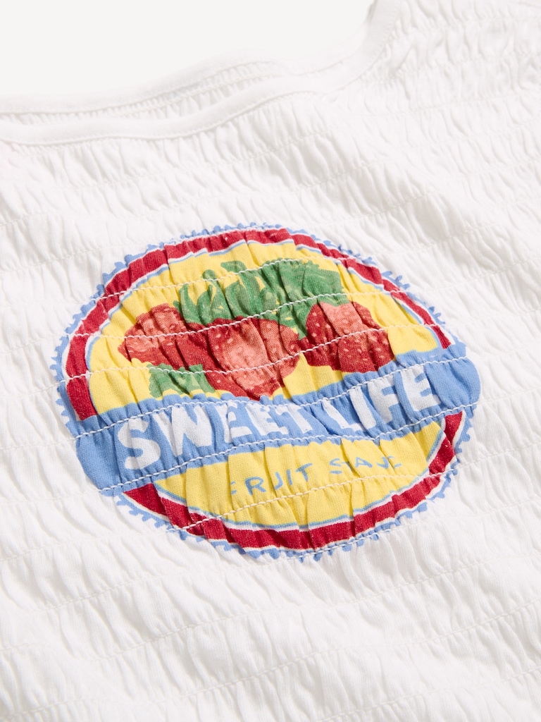 Slit-Neck Smocked Graphic Top