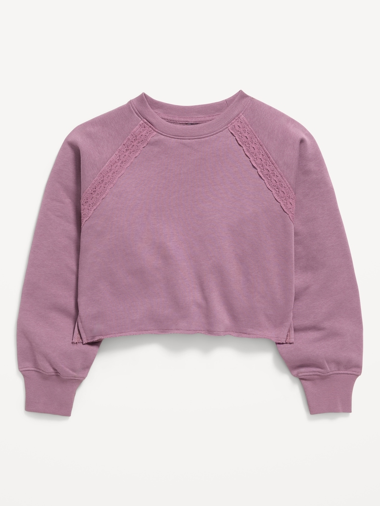 Lace-Trim French Terry Cropped Sweatshirt for Girls