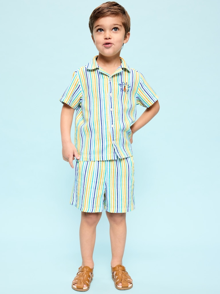 Textured Embroidered Shirt and Shorts Set for Toddler Boys