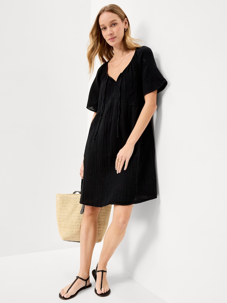 Crinkle Gauze Flutter-Sleeve Mini Swing Dress