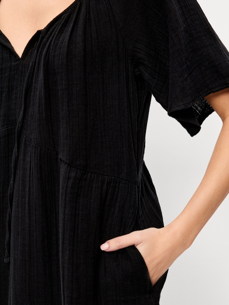 Crinkle Gauze Flutter-Sleeve Mini Swing Dress