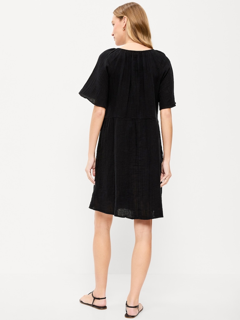 Crinkle Gauze Flutter-Sleeve Mini Swing Dress