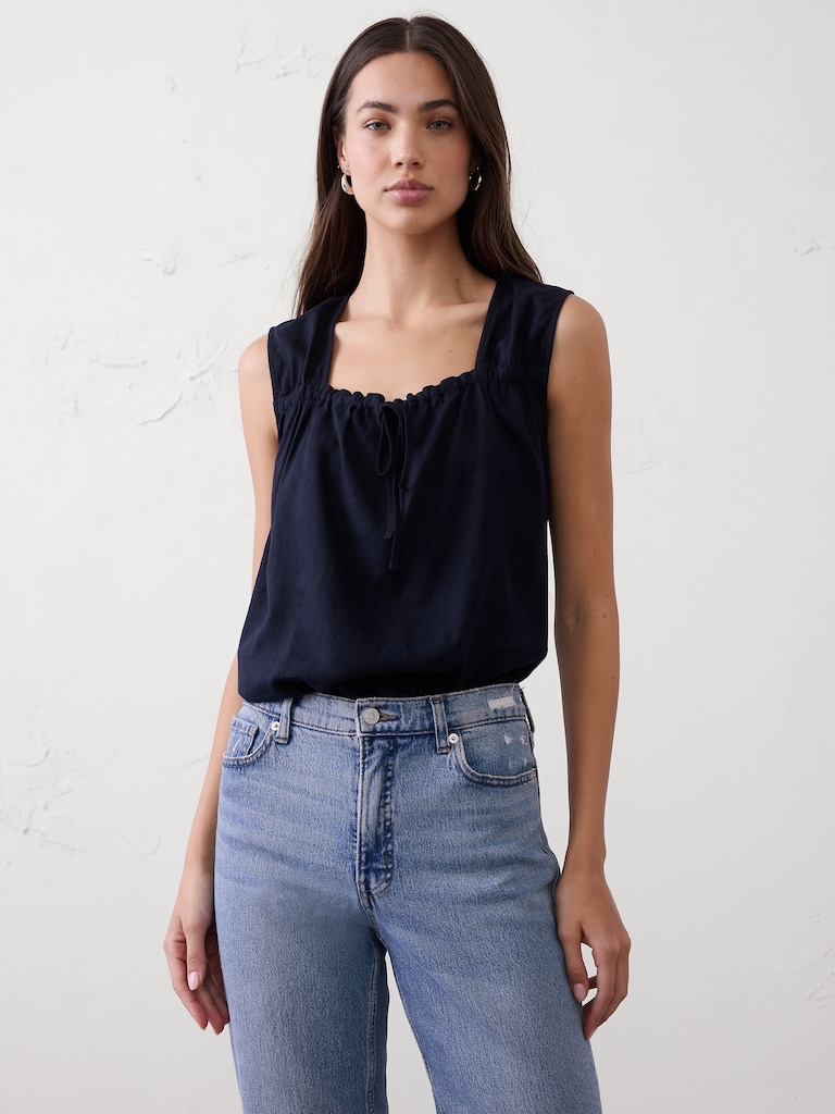 Linen-Blend Tied Popover Top
