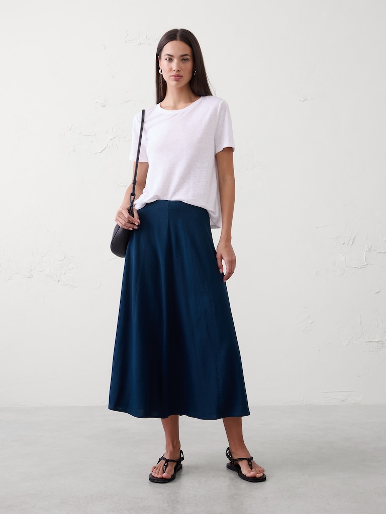Linen-Blend Seamed Midi Skirt
