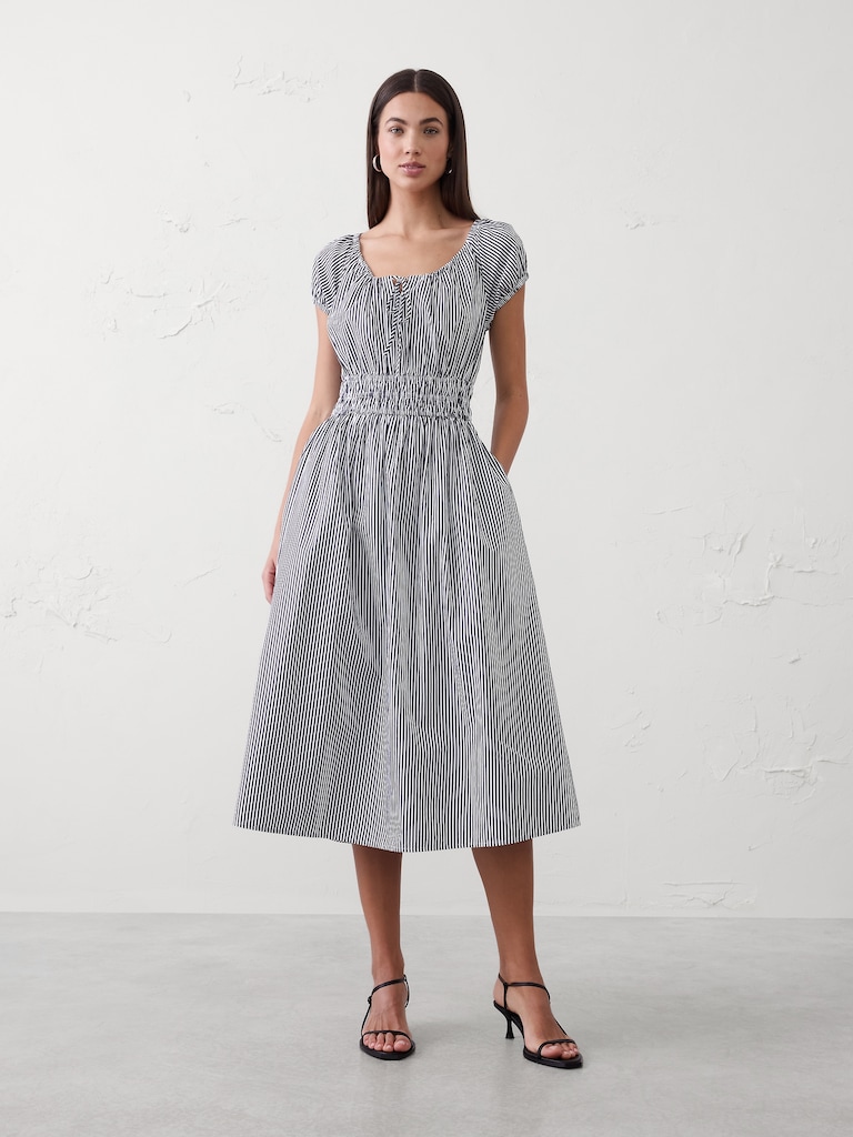 Poplin Gathered-Neck Midi Dress