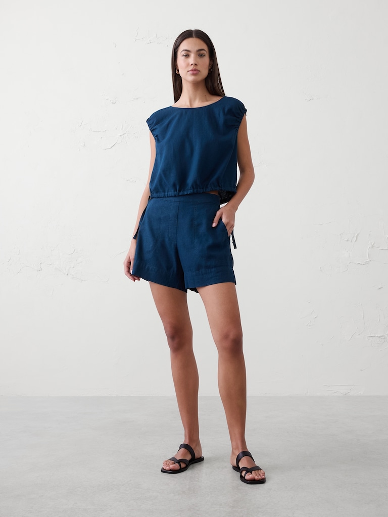 High-Rise Linen-Blend Pull-On Short