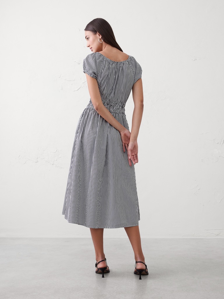 Poplin Gathered-Neck Midi Dress