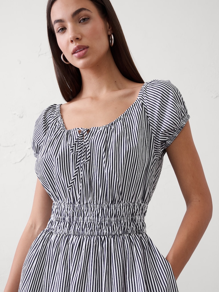 Poplin Gathered-Neck Midi Dress