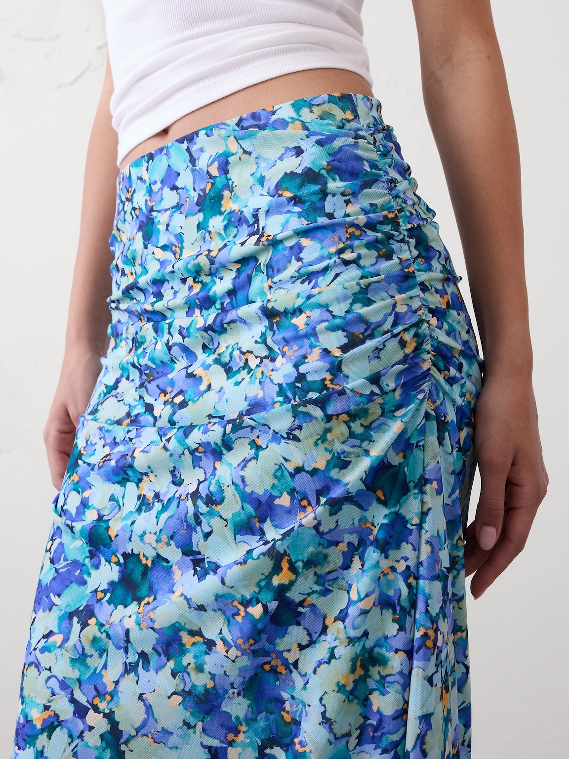 Mesh Shirred-Waist Midi Skirt