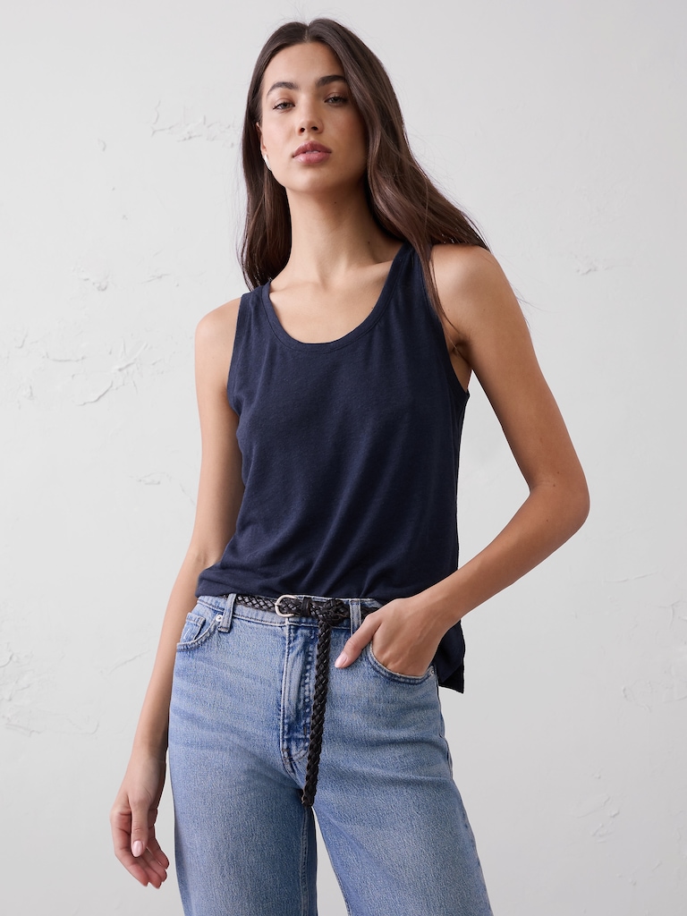 Linen-Blend Scoop-Neck Tank