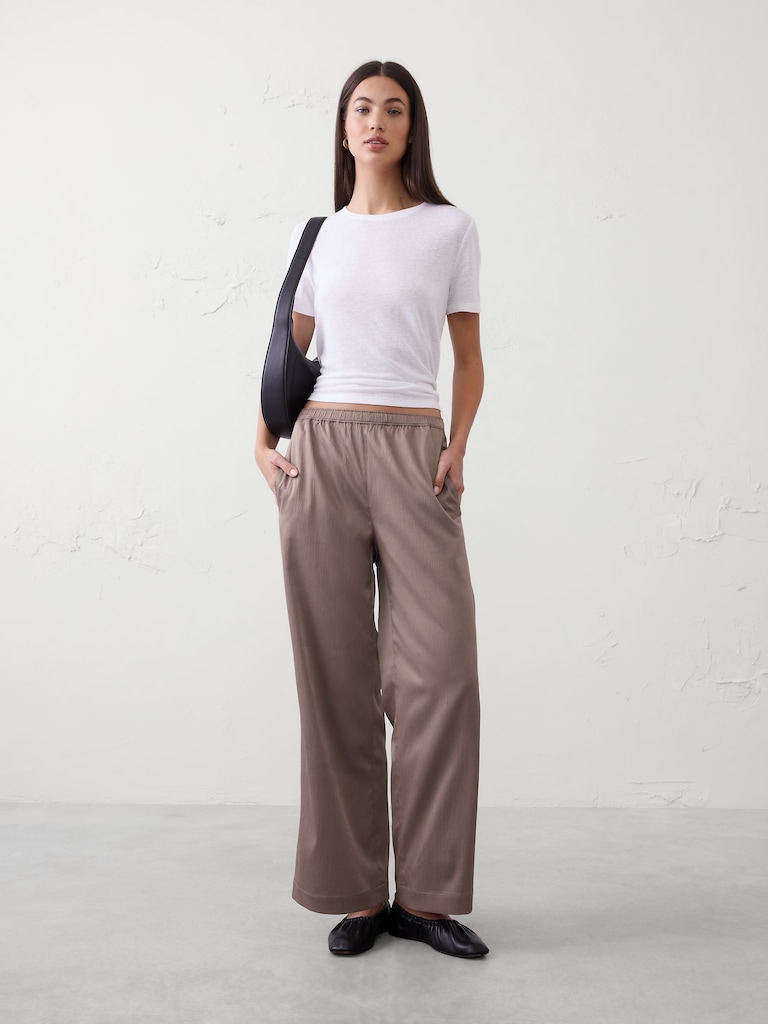 Wide-Leg High-Rise Crinkle Satin Pull-On Pant