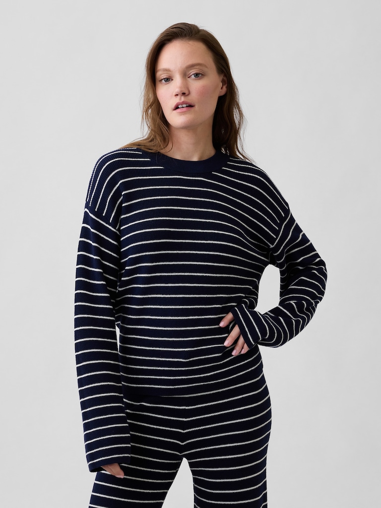 Relaxed Shaker-Stitch Crewneck Sweater