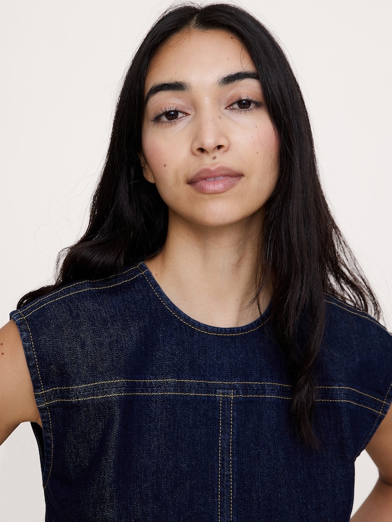 Top-Stitched Denim Top