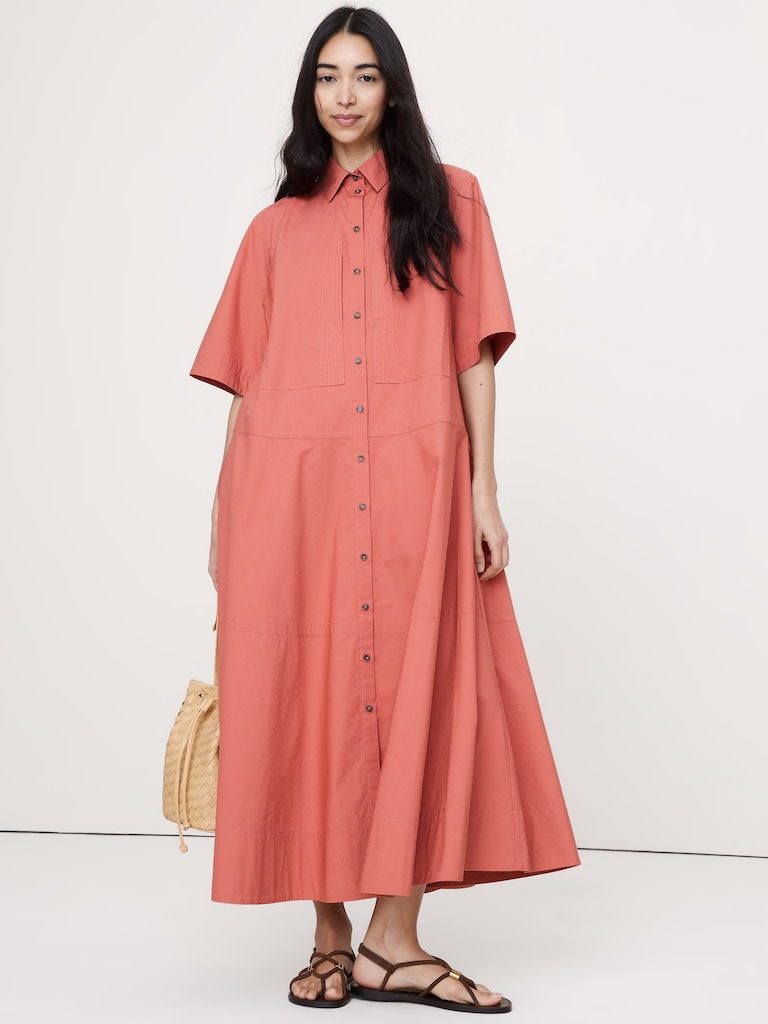 Cotton Poplin Trapeze Maxi Shirt Dress