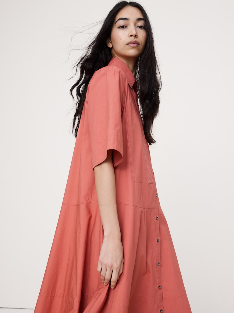 Cotton Poplin Trapeze Maxi Shirt Dress