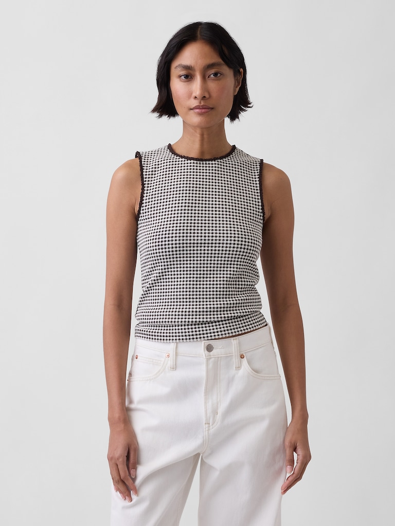 Gingham Pointelle Shell Tank Top