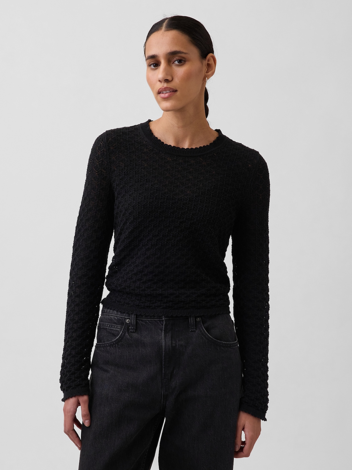 100% Cotton Pointelle Crop Sweater