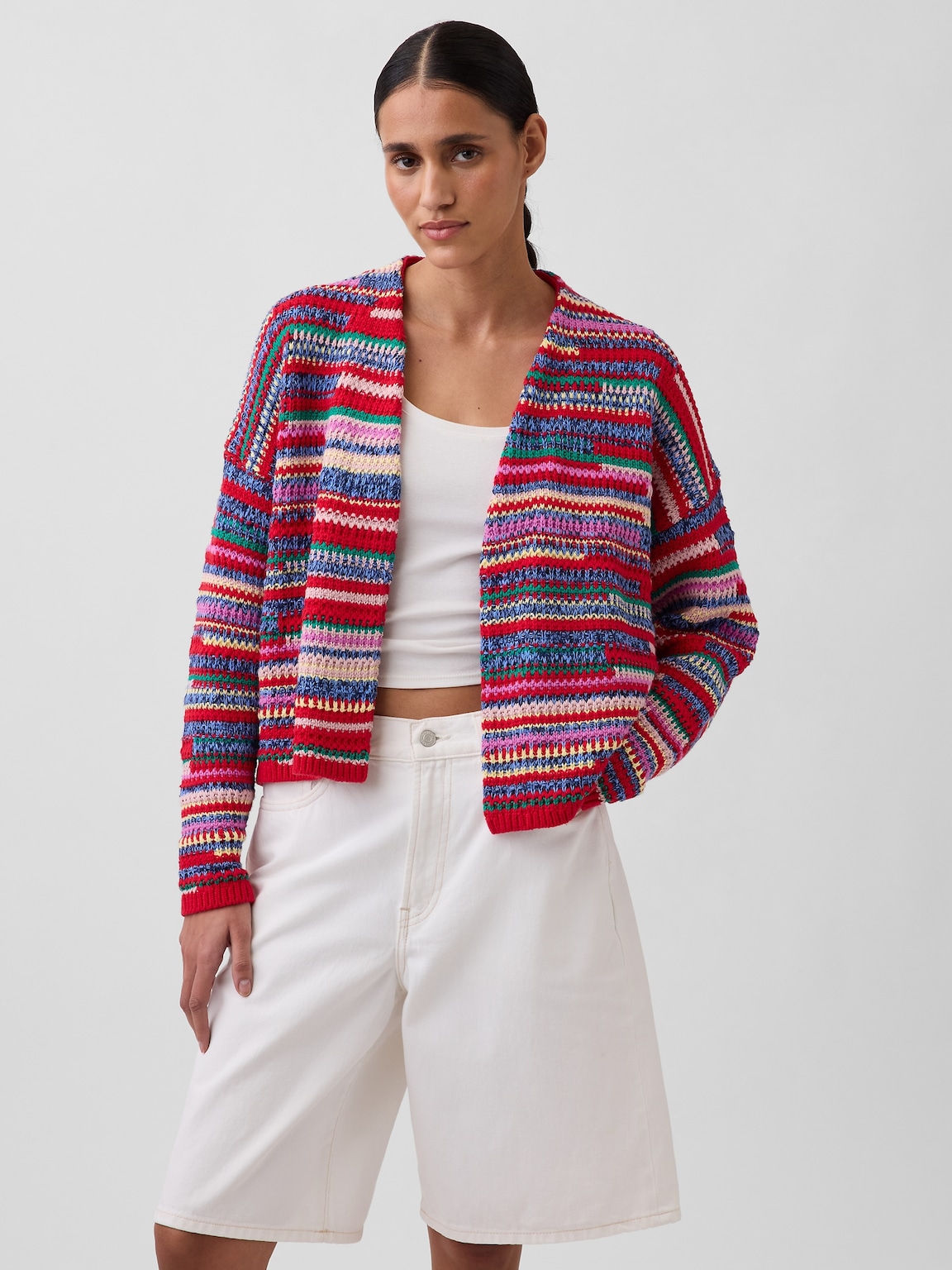 Oversized Open-Front Stripe Cardigan Sweater