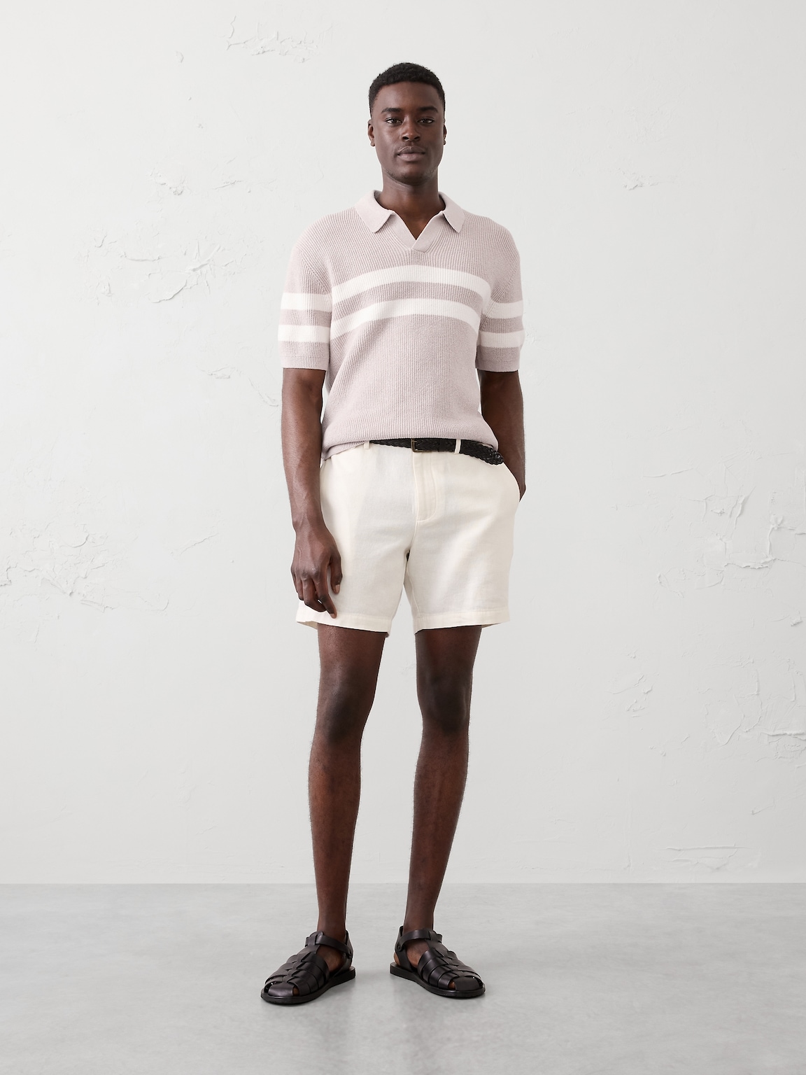 Striped Johnny-Collar Polo Sweater