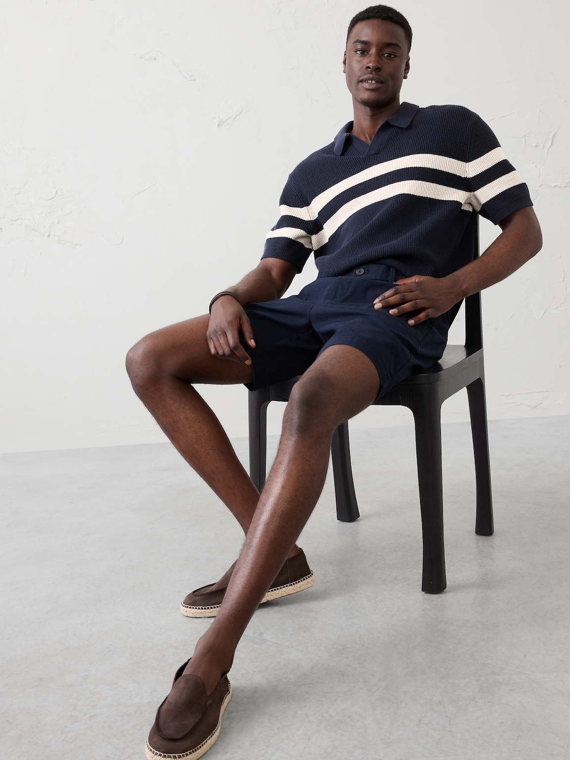 Striped Johnny-Collar Polo Sweater