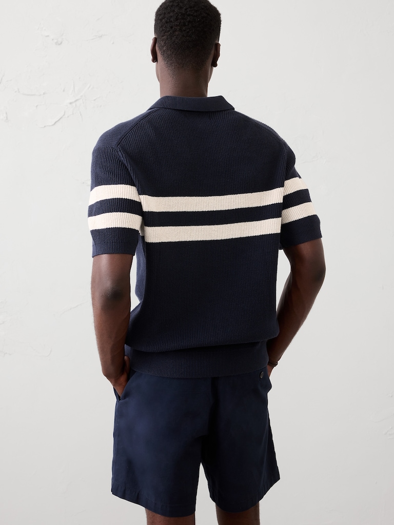 Striped Johnny-Collar Polo Sweater