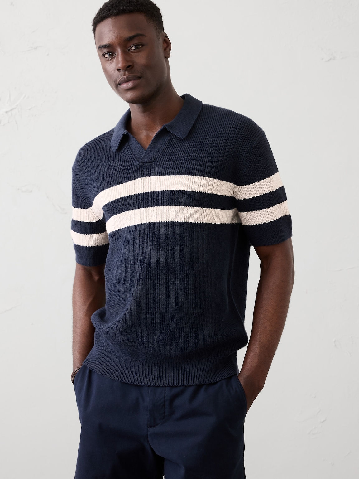 Striped Johnny-Collar Polo Sweater