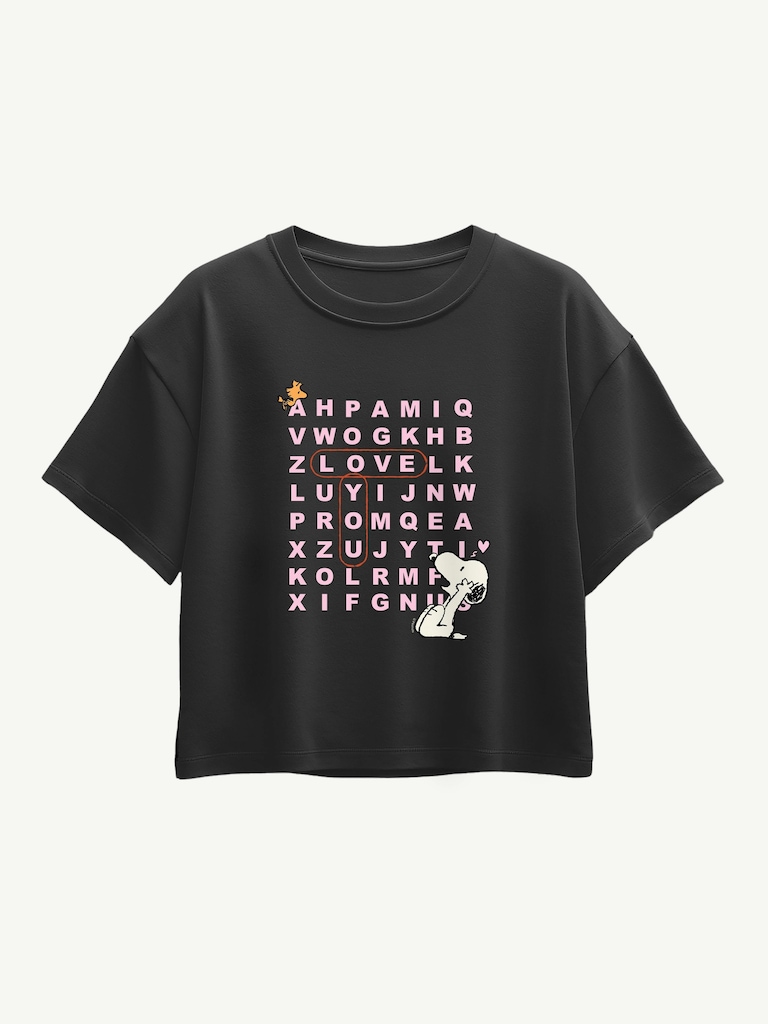 Peanuts I Love You Snoopy Word Search Short Sleeve Boxy Graphic T-Shirt For Girls